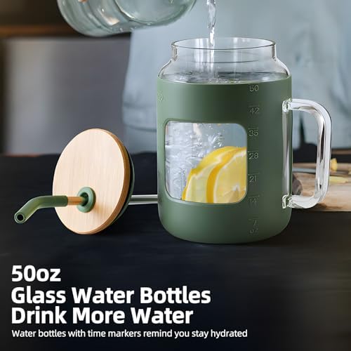 50Oz Glass Mug with Handle and Straw, Silicone Sleeve, Reusable Water Bottle for Beer, Tea, Coffee, Juice, Sustainable Drinking Cup with Lid (Green) - Image 4