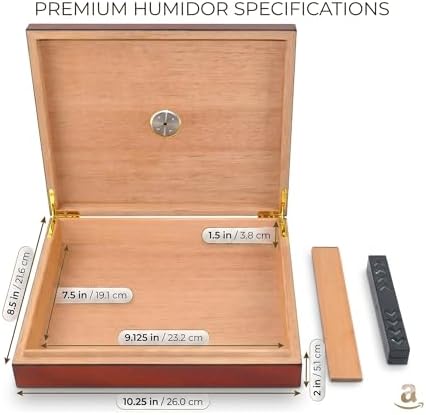 Humidor Cigar Box Holds 20 Cigars, Seal Lid Closure, Spanish Cedar Wood Travel Storage Cigar Case with Removable Divider, Humidifier and Golden Hygrometer, Gift for Man, Sapele Cherry Finish - Image 4