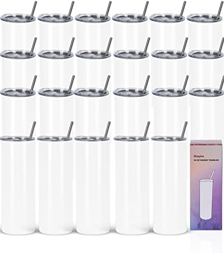 24 Pack 20 Oz Straight Skinny Tumblers,Individually Gift Boxed Stainless Steel Slim Skinny Tumbler Set Bulk, 20 Oz Insulated Slim Thin Travel Tumbler Cup for Diy, White by Wzaytia