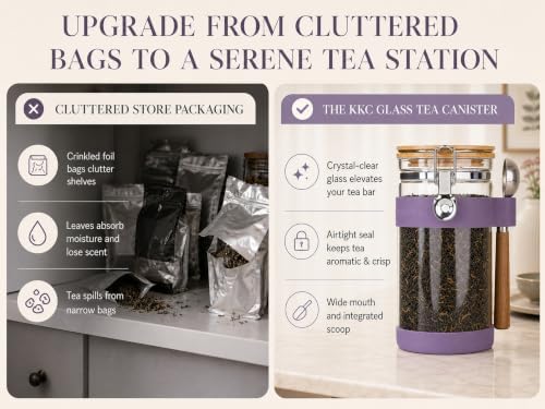 KKC Airtight Glass Tea Canister 40 oz/1200 ml with Scoop, Loose Leaf Tea Storage Container with Bamboo Lid & Silicone Base Protector for Home Tea Bar, Herbal & Black Tea Jar, Lavender - Image 5