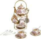 20Pcs Porcelain Tea Set with Metal Holder, European Ceramic Tea Set for Adults, Flower Ceramic Tea Cups (3oz), Teapot (15oz), & Saucers for Women Tea Party (Purple) by Kytree
