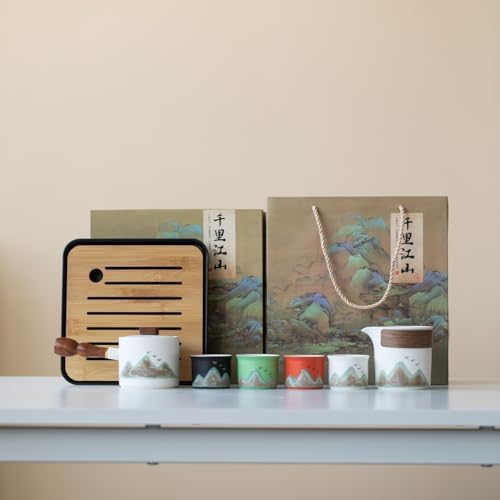 Chinese Tea Set, 7-Piece Ceramic Gongfu Set with Landscape Art, Teapot with Filter, Tea Cups, Serving Tray, Gift Box - Image 3