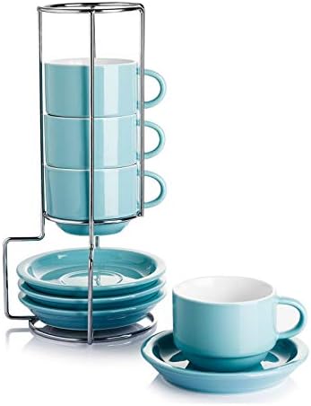 Sweese 2.5 Ounce Porcelain Stackable Espresso Cups with Saucers and Metal Stand Set of 4, Turquoise by Sweese