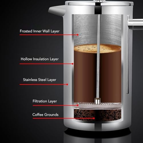French Press Coffee Maker, Rustproof 304 Stainless Steel Double Layer Insulated Coffee Pot, Stainless Steel French Press with Dishwasher Safe U Shaped Spout for Home Office Camping (600ml) - Image 4