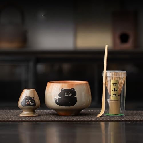 Matcha Whisk Set -4 Piece Ceremony Matcha Set with Matcha Whisk,Bamboo Matcha Scoop, Whisk Holder,Ceramic Matcha Bowl,Cat Design Matcha Tea Ceremony fit for Traditional Japanese Tea Ceremony (Cat B) by ZUHSA