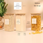 3 Pack Square Glass Pantry Storage Containers with 132 Kitchen Food Pantry Labels - 51 floz Clear Glass Pantry Jars with Airtight Wood Bamboo Lids - Glass Canisters for Candy, Cereal, Coffee, Spice - Image 3