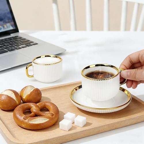 ALIMOTA 3oz White Gold Ceramic Coffee Mug Set of 6, Latte Mugs with Saucers, White Latte Cups and Espresso Mug for Specialty Coffee Drinks, Latte, Cafe Mocha, Tea - Image 6