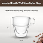 Clear Glass Coffee Mugs with Silicone Button Coasters - Insulated Espresso Cups Set of 4 - Double Walled Espresso Glasses for Tea & Coffee Bar Accessories - Double Wall Cappuccino Cup Set (12 oz) - Image 3