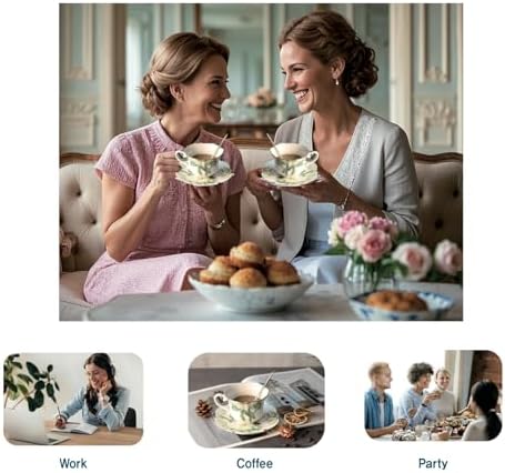 Vintage Floral Porcelain Tea Cup and Saucer Set with Spoon, Gold Trim, 6.4 oz – Set of 2, Green – Tea & Espresso & Coffee Cups (2, White Camellia) - Image 6