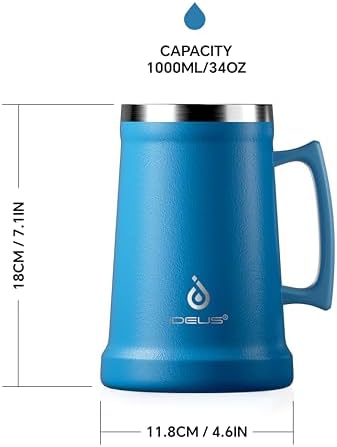 Ideus Insulated Beer Stein, 24/34oz Stainless Steel Double Walled Beer Mug Giant Bar Drinkware Metal Beer Cup with Big Grip Handle (Cerulean, 34oz (1,000ml)) - Image 4