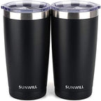 SUNWILL Travel Coffee Mug with Lid, 20 oz Tumbler Set of 2, Insulated Stainless Steel Cup for Water, Tea, Ice, Powder Coated Black 2 pack by SUNWILL
