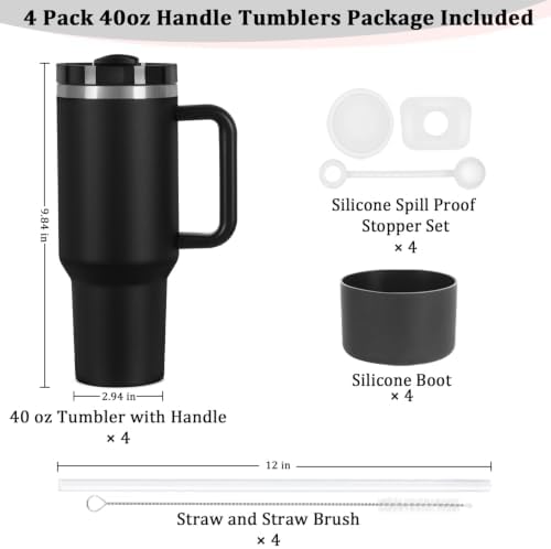 4 Pack 40 Oz Tumbler with Handle Bulk, Double Wall Vacuum Insulated Stainless Steel Tumbler with Lid and Straw, 40 oz cup with Silicone Spill Proof Stopper Set (Black) - Image 3