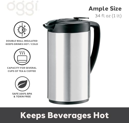 OGGI Oval Carafe Glass Liner - Stainless Steel Body, 1 Liter / 34oz Capacity - Ideal Glass Vacuum Coffee Carafe and Tea Thermos, Press Button for Easy Pouring - Stainless - Image 2