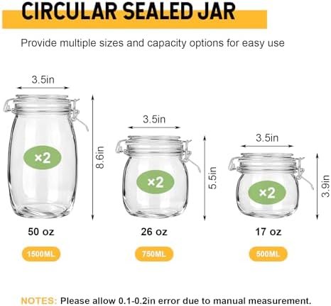 Glass Storage Jars with Airtight Lids Set of 6 (17 oz/26 oz/50 oz), Clear Glass Canister Containers Food Storage for Kitchen Pantry, Flour Sugar Coffee Beans Cereal Spice Tea, BPA-free - Image 2