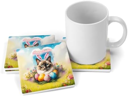Happy Easter Ragdoll with Bunny Ear Headband and Flowers Set of 4 Stone Coasters Cat Lover Kitten Owner Gifts Idea 4x4in Absorbent Soapstone Coaster 13001 - Image 3