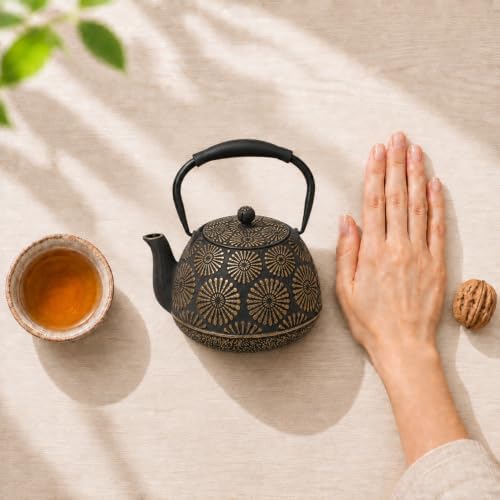 Cast Iron Teapot, 40oz Tea Kettle with Infuser for Stove Top, Sakura Design Japanese Tea Pot for Loose Leaf Coated with Enameled Interior, Silicone Handle 1200ml Black - Image 6