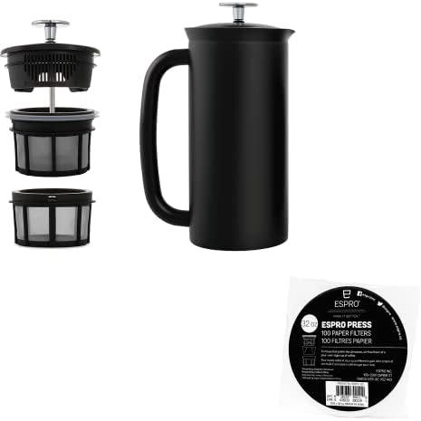 ESPRO - P7 French Press - Double Walled Stainless Steel Insulated Coffee and Tea Maker with Micro-Filter - Keep Drinks Hotter for Longer (Matte Black, 32 Oz) Coffee Paper Filters (100 Count) by ESPRO