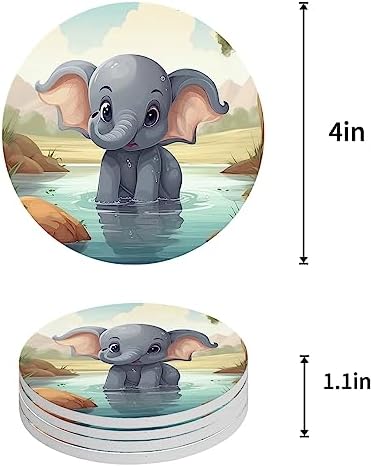 Coaster for Drinks 6 Pack,Cartoon Elephant in River Absorbent Round Ceramic Stone with Cork Base,Natural Animal Plant Scenic Theme Drink Coaster Cup Mats for Home Dining Coffee Tables - Image 4