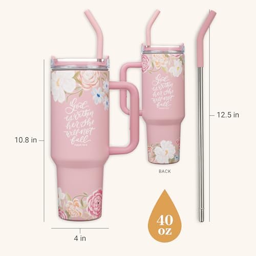 Christian Art Gifts XL Stainless Steel Double-Wall Insulated Womens Travel Mug Tumbler Thermos: God is Within Her Inspirational Scripture, Reusable Straw, Twist-Dial Lid, Pink Multicolor Floral, 40 oz - Image 2