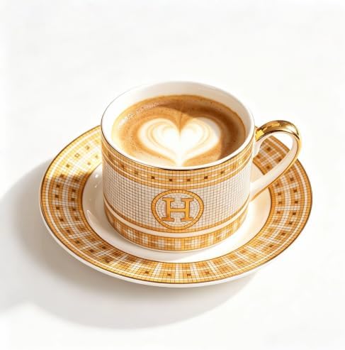Gold Mosaic H Ceramic Coffee Cup & Saucer Set, 8 OZ Luxury European Bone China Latte Mug, Gold Rim Porcelain Tea Cup for Home Cafe, Wedding Housewarming Gift by Unknown
