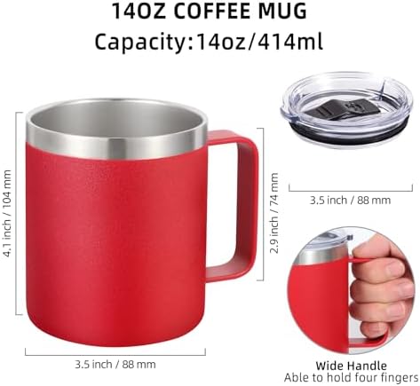 Volhoply 14oz Insulated Stainless Steel Coffee Mug with Lid Bulk 4 Pack,Double Wall Vacuum Travel Coffee Cup with Handle,Reusable Metal Cups Tumbler Cup,Camping Mugs Keep Hot,Ideal Gifts(Red,4) - Image 2
