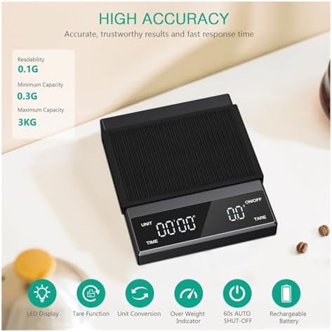 Digital Coffee Scale 3Kg 0.1G High Precision Rechargeable Drip Espresso Scale with Timer Portable Kitchen Scale Fine Scales, - Image 6