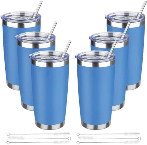 20 oz Tumbler with Lids and Straws, Stainless Steel Insulated Travel Coffee Mug, Double Wall Vacuum Insulated Tumblers, Powder Coated Coffee Tumbler for Cold & Hot Drinks (Sea Blue, 6 Pack) by YEBTSLife