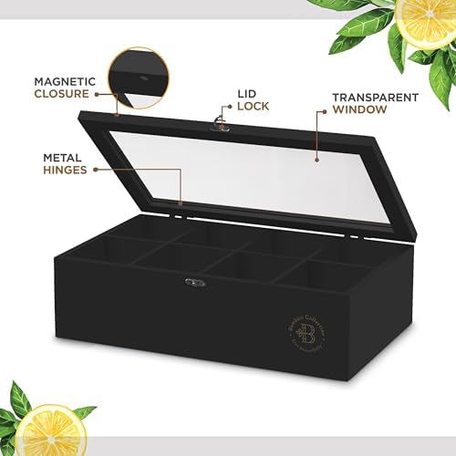 Bambüsi Tea Bag Organizer - Bamboo Tea Box Organizer Storage Box, Tea Bag Holder with Acrylic Window, Magnetic Lid Keeps Tea Bags Fresh - Ideal Gifts Tea Organizer Caddy (Tea Not Included) - Black - Image 6