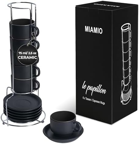 MIAMIO - Espresso Cup Set Ceramic (2.5oz) with saucers-Le Papillon (Black) by MIAMIO