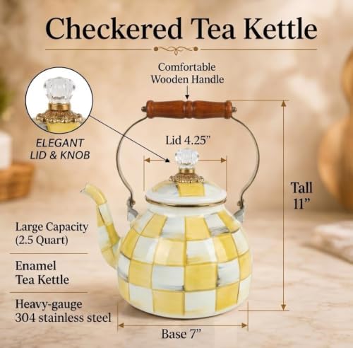 Checkered Tea Kettle for Checkered Kitchen Decor - Yellow and White Tea Kettle for Stovetop - Stylish Enamel Teapot with Wooden Handle - Vintage Classic Teapot with Elegant Lid & Knob- 2.5 Quart - Image 3