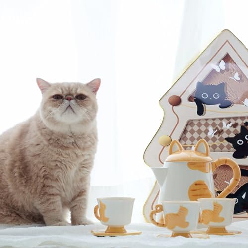 Ceramic Cat Tea Set,Cute Cat Paw Tea Mugs And Saucers Set Of 4,Perfect Cat Themed Gifts,Lovely Cat Decor,Tea Sets for Adults,Excellent Gift Idea For Cat Lovers (Orange, 4) - Image 5
