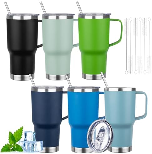 20oz Insulated Tumbler with Handle Stainless Steel Travel Coffee Mug with Lid and Straw Double Wall Vacuum Leak-proof Reusable Thermal Water Cup for Hot and Cold Drinks (Multicolor-8,6 Pack) by FristChoice