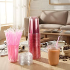Ziliny 50 Pack 16oz Pink Clear Plastic Cups with Lids Straws for Iced Drink - Image 2