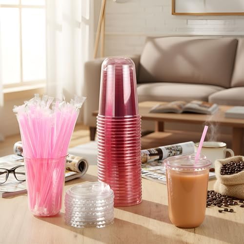 Ziliny 50 Pack 16oz Pink Clear Plastic Cups with Lids Straws for Iced Drink - Image 2