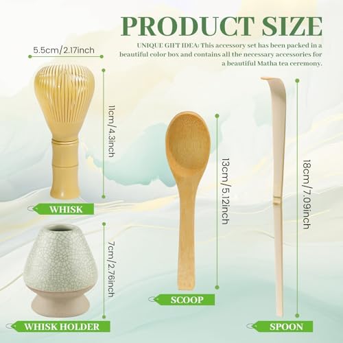 4 Piece Matcha Japanese Ceremony Set, Resin Matcha Whisk, Bamboo Spoon, Bamboo Scoop, Whisk Stand, Perfect Set for Preparing, Yellow - Grid Green - Image 2