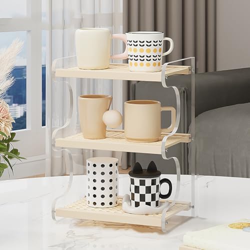 3-Tier Mug Holder Countertop,Wooden Rattan-Look Coffee Station Shelf, Cup Holder Mug Display Rack for Home Kitchen,White,12.99" by XXRBB