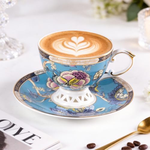 KAMMAK Tea Cups and Saucers Set of 2, Fine Bone China Coffee Cups, GHO03 - Image 4