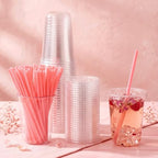 Ziliny 200 Sets 16 oz Clear Plastic Cups with Heart Shaped Straws and Lids - Image 2