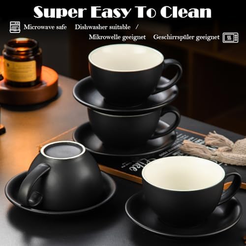 Yundu Matte Black Cappuccino Cups Set of 4-10oz Ceramic Latte Mugs with Saucers, Elegant Espresso Cups for Coffee & Tea - Image 5