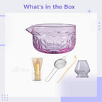 7 Pcs Pink Glass Matcha Tea Set, Japanese Style Bowl and Whisk Kit with Ergonomic Spout, Wood Whisk, Elegant Stand, Ceramic Holder, Sifter and Scoop for Green Tea Rituals - Image 5