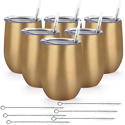 Lifecapido 6 Pack Stainless Steel Wine Tumblers, 12Oz Insulated Wine Tumbler, Double Wall Insulated Wine Glass, Stainless Steel Stemless Wine Cups with Lids for Coffee, Wine, Water, Champaign, Gold by Lifecapido