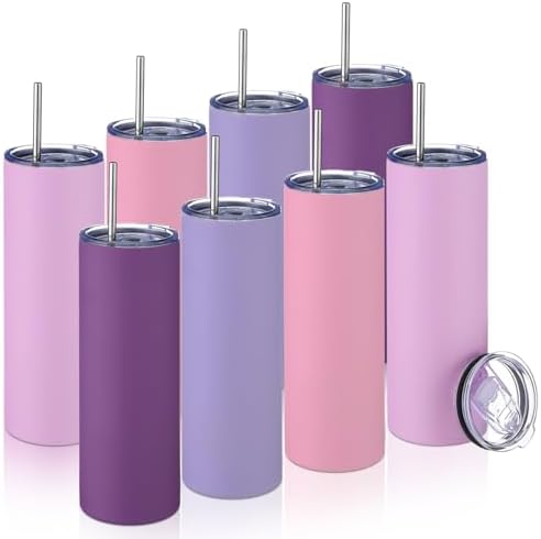 8 Pcs 20oz Insulated Stainless Steel Tumbler with Lid and Straw, Purple by Patelai