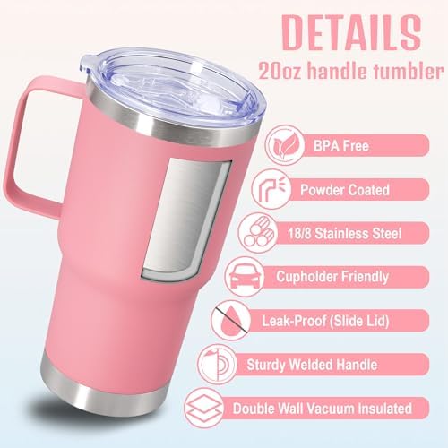 20 oz Tumbler with Handle and Lid Insulated Travel Coffee Mug Pink 12P - Image 3