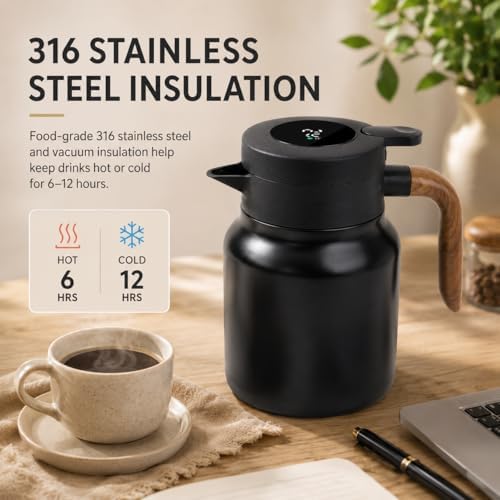 Insulated Coffee Carafe 1000ml, Thermal Coffee Carafe with Temperature Display and Tea Infuser, Carafe for Hot Water, Coffee, Milk, Juice, Office, Travel, Camping (Matte Black) - Image 6