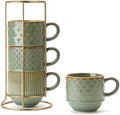 JIEMEI HOME Large Ceramic Coffee Mug Set of 4 with Stand, 15 Oz Stackable Embossment Ribbed Latte Cup Set for Cappuccino, Latte, Tea, Hot Cocoa, Drinks - Dishwasher & Microwave Safe, Vintage Turquoise by JHJIEMEIHOME