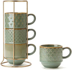 JIEMEI HOME Large Ceramic Coffee Mug Set of 4 with Stand, 15 Oz Stackable Embossment Ribbed Latte Cup Set for Cappuccino, Latte, Tea, Hot Cocoa, Drinks - Dishwasher & Microwave Safe, Vintage Turquoise by JHJIEMEIHOME