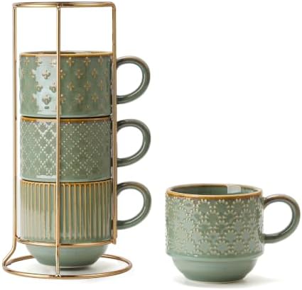 JIEMEI HOME Large Ceramic Coffee Mug Set of 4 with Stand, 15 Oz Stackable Embossment Ribbed Latte Cup Set for Cappuccino, Latte, Tea, Hot Cocoa, Drinks - Dishwasher & Microwave Safe, Vintage Turquoise by JHJIEMEIHOME