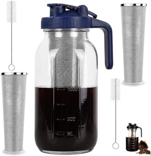 Cold Brew Coffee Maker Glass 64 Oz Mason Jar Pitcher With Stainless Steel Filter,Heavy Duty Glass Mason Pitcher With Spout Lid for Iced Coffee,Tea And Lemonade (Blue Handle Cover,64 oz) by Unknown