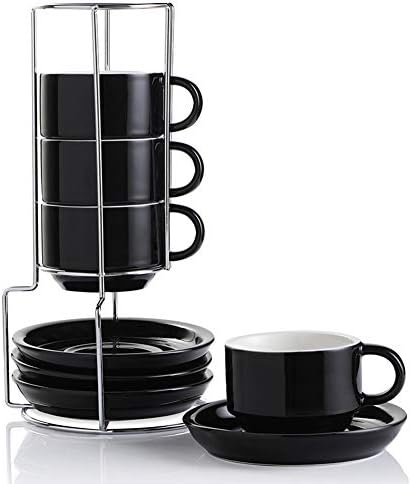Sweejar Ceramic Espresso Cups with Saucers, 4 Ounce Stackable Cappuccino Cups with Metal Stand for Coffee Drinks, Latte, Tea - Set of 4 (Black) by Sweejarco1949