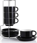 Sweejar Ceramic Espresso Cups with Saucers, 4 Ounce Stackable Cappuccino Cups with Metal Stand for Coffee Drinks, Latte, Tea - Set of 4 (Black) by Sweejarco1949
